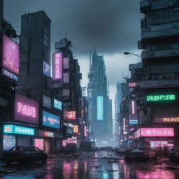 A ruined Cyberpunk cityscape, showcasing remnants of high-tech, dystopian buildings, dimmed neon lights, dysfunctional digital billboards and networking infrastructures under a sky devoid of its neon glow