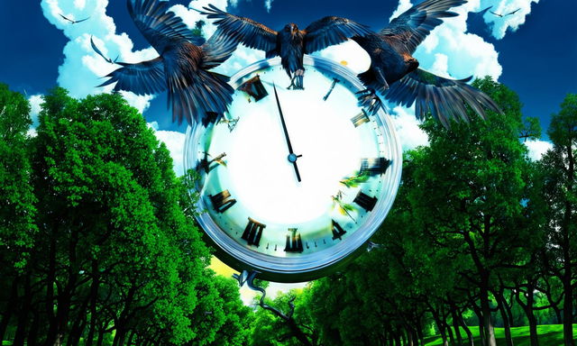 Digital art of an ornate clock showing 6:66 in a bright sky with six ravens forming a hexagon around it over a vibrant landscape with six lush trees.