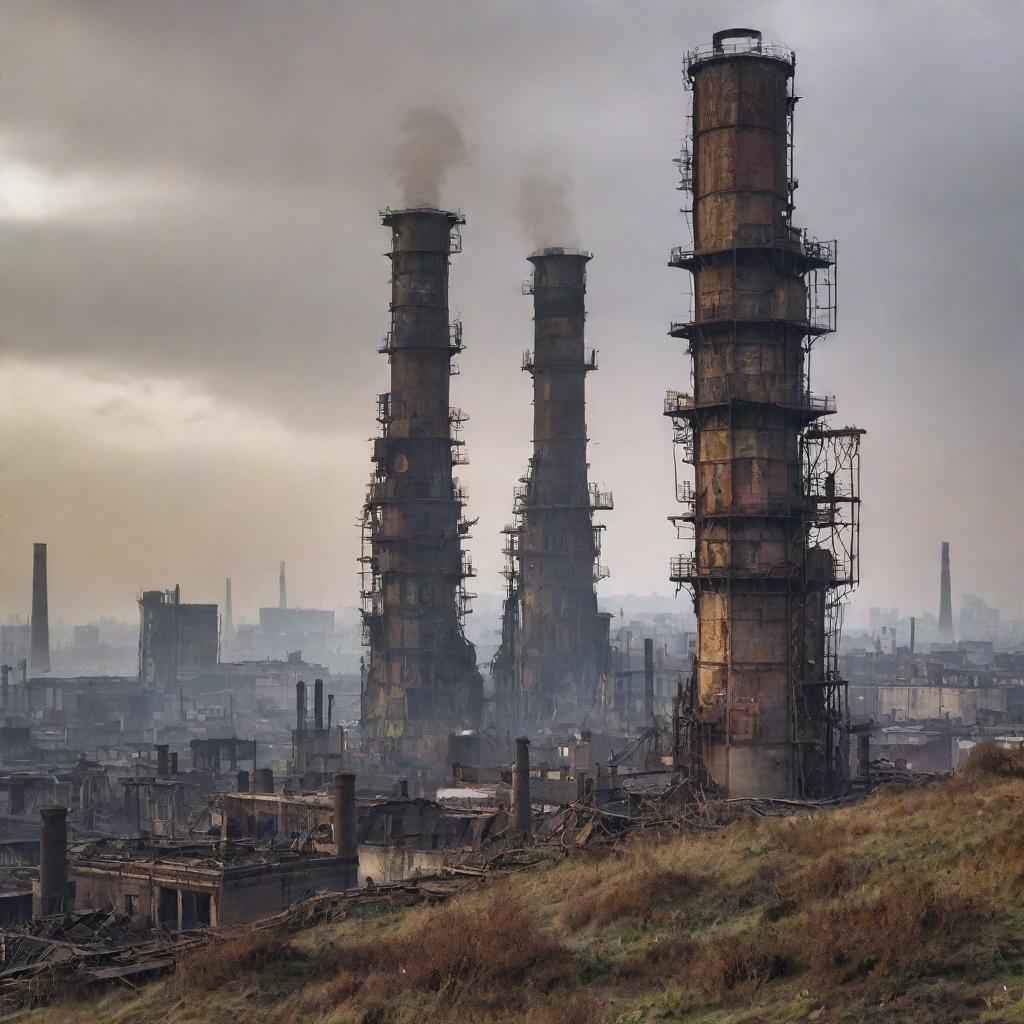 A ruined Gaspunk city, revealing the remains of once thriving towering facilities, decayed venting chimneys, rusted gas-lit fixtures and scorched landscapes under a smog-filled sky