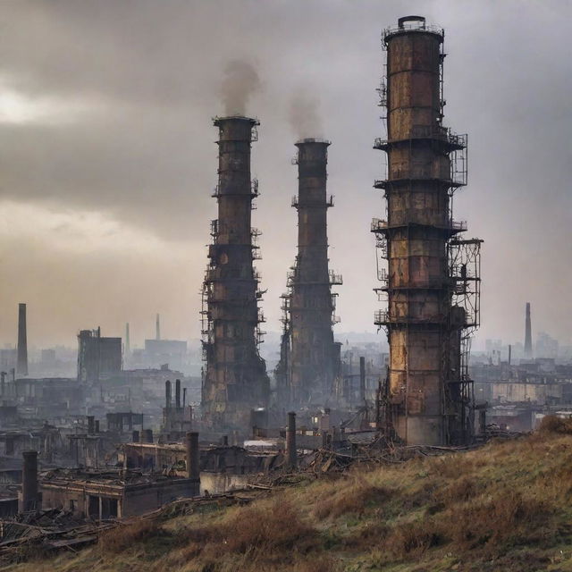 A ruined Gaspunk city, revealing the remains of once thriving towering facilities, decayed venting chimneys, rusted gas-lit fixtures and scorched landscapes under a smog-filled sky