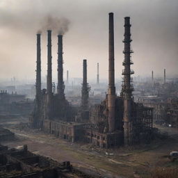 A ruined Gaspunk city, revealing the remains of once thriving towering facilities, decayed venting chimneys, rusted gas-lit fixtures and scorched landscapes under a smog-filled sky