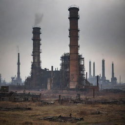 A ruined Gaspunk city, revealing the remains of once thriving towering facilities, decayed venting chimneys, rusted gas-lit fixtures and scorched landscapes under a smog-filled sky