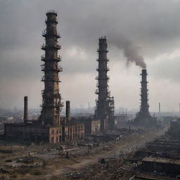 A ruined Gaspunk city, revealing the remains of once thriving towering facilities, decayed venting chimneys, rusted gas-lit fixtures and scorched landscapes under a smog-filled sky