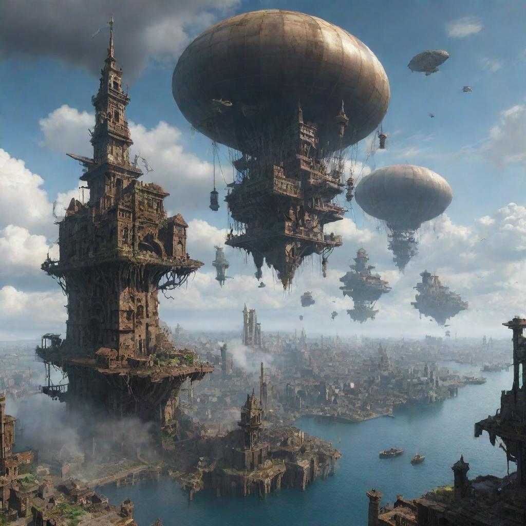 A ruined Airpunk cityscape, showcasing fallen floating islands, damaged airships, and crumbling towers once reaching the sky, all set against a backdrop of a cloud-filled horizon