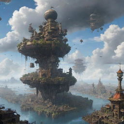 A ruined Airpunk cityscape, showcasing fallen floating islands, damaged airships, and crumbling towers once reaching the sky, all set against a backdrop of a cloud-filled horizon