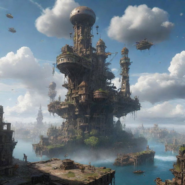 A ruined Airpunk cityscape, showcasing fallen floating islands, damaged airships, and crumbling towers once reaching the sky, all set against a backdrop of a cloud-filled horizon