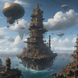 A ruined Airpunk cityscape, showcasing fallen floating islands, damaged airships, and crumbling towers once reaching the sky, all set against a backdrop of a cloud-filled horizon