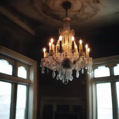 The chandelier librated ominously before crashing to the floor, intensifying the horror within the haunted house.