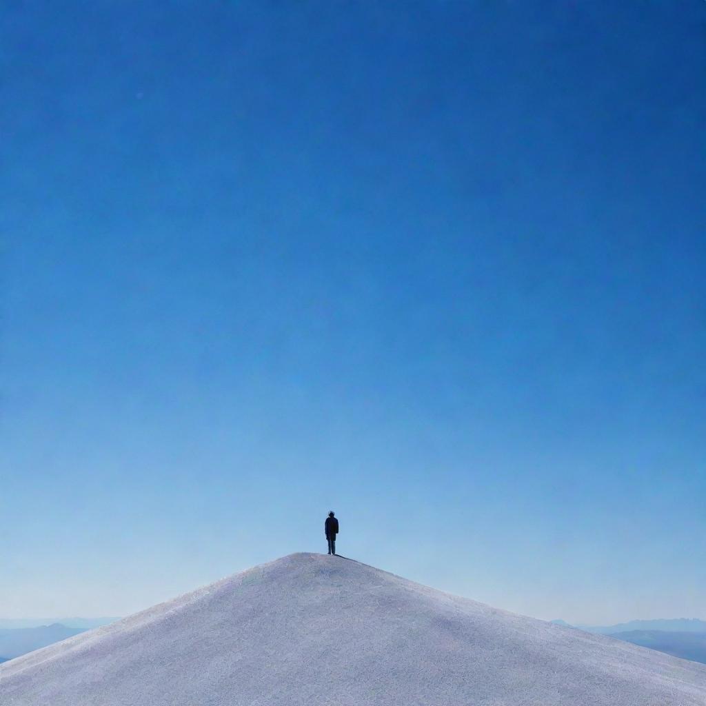 A solitary man standing atop a lustrous silver mountain under a sapphire blue sky