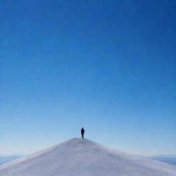 A solitary man standing atop a lustrous silver mountain under a sapphire blue sky