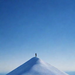 A solitary man standing atop a lustrous silver mountain under a sapphire blue sky