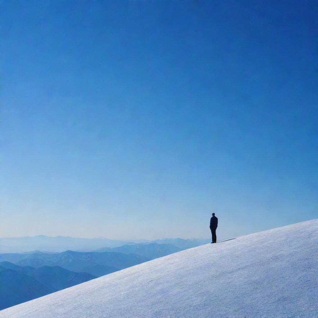 A solitary man standing atop a lustrous silver mountain under a sapphire blue sky