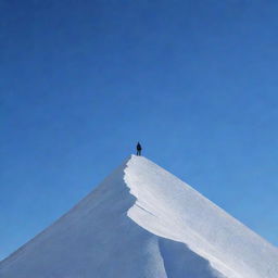 A solitary man standing atop a lustrous silver mountain under a sapphire blue sky