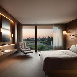 A modern room with sleek furniture, neutral tones, and high-quality materials. The room contains large windows, minimalist decor, and innovative technology.