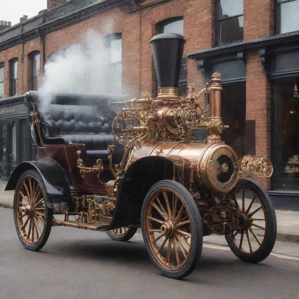 An average steampunk-style car: a fusion of vintage Victorian aesthetics with 19th-century steam-powered machinery, featuring brass and copper elements, intricate gears, large smokestacks, and ornate detailing