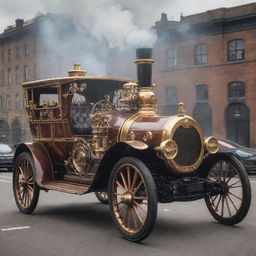 An average steampunk-style car: a fusion of vintage Victorian aesthetics with 19th-century steam-powered machinery, featuring brass and copper elements, intricate gears, large smokestacks, and ornate detailing