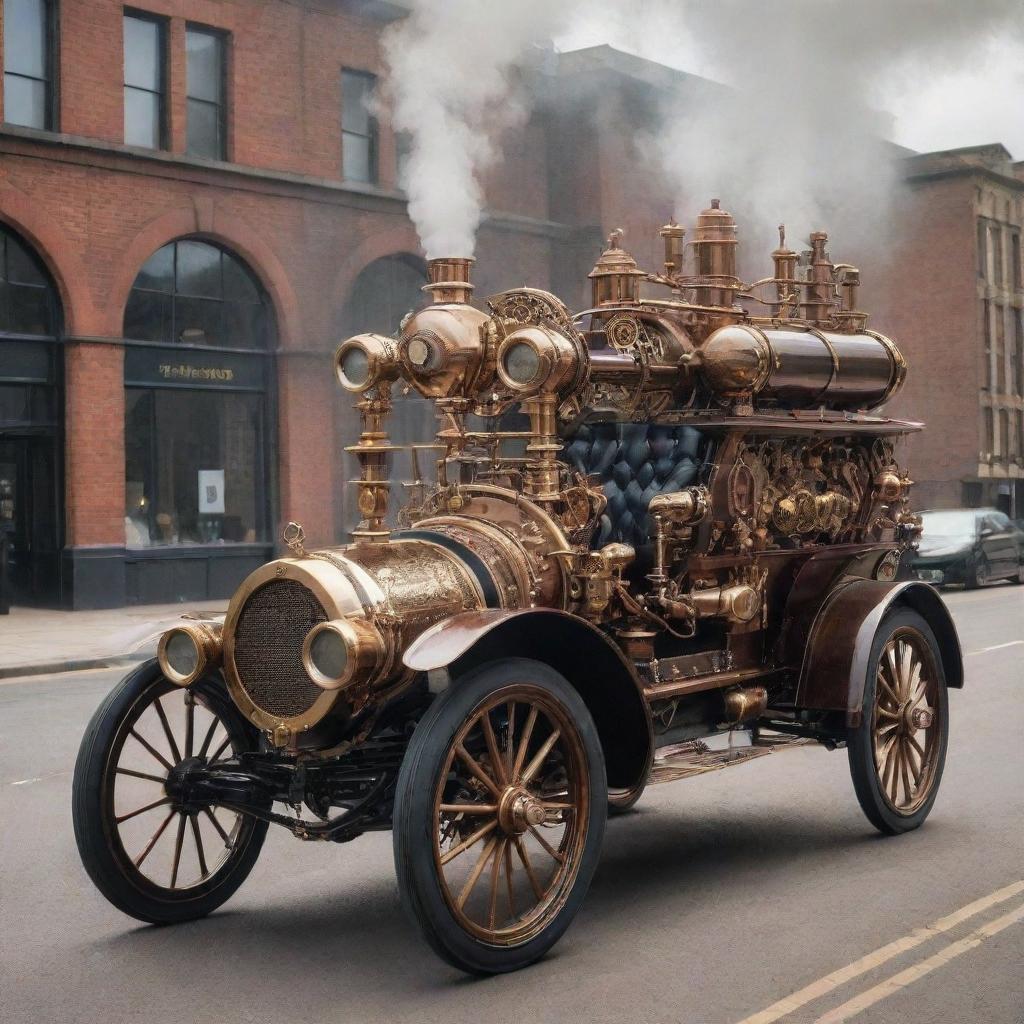 An average steampunk-style car: a fusion of vintage Victorian aesthetics with 19th-century steam-powered machinery, featuring brass and copper elements, intricate gears, large smokestacks, and ornate detailing