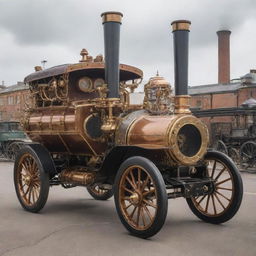 An average steampunk-style car: a fusion of vintage Victorian aesthetics with 19th-century steam-powered machinery, featuring brass and copper elements, intricate gears, large smokestacks, and ornate detailing