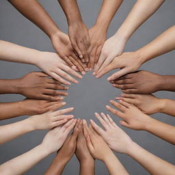 Multiple hands of various skin tones coming together to form a heart shape, symbolizing unity, kindness, and inclusiveness.