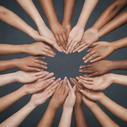 Multiple hands of various skin tones coming together to form a heart shape, symbolizing unity, kindness, and inclusiveness.