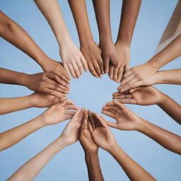 Multiple hands of various skin tones coming together to form a heart shape, symbolizing unity, kindness, and inclusiveness.