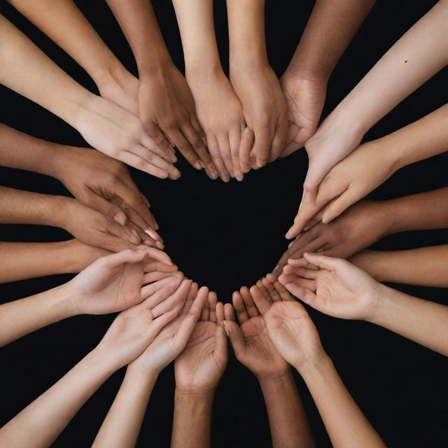 Multiple hands of various skin tones coming together to form a heart shape, symbolizing unity, kindness, and inclusiveness.