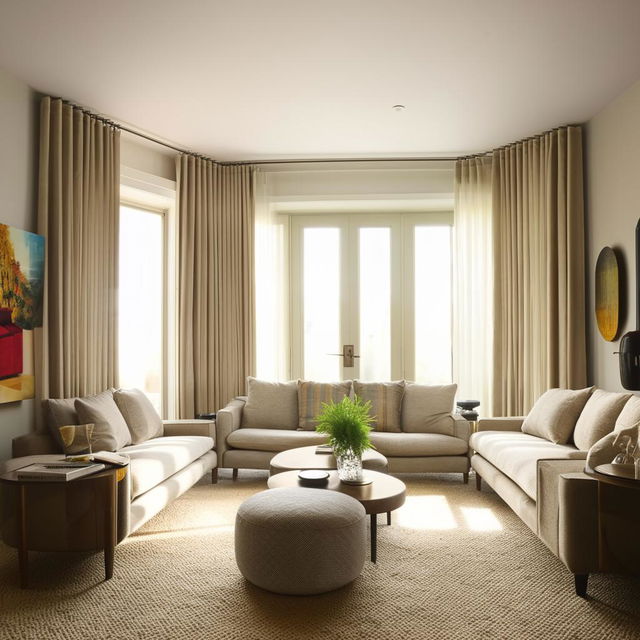 A well-furnished, bright, and cozy living room with modern design elements. Large windows allow plenty of natural light, illuminating the tasteful decor.