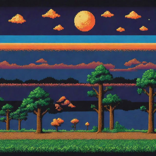 An 8-bit art in bright, contrasting colors, reminiscent of classic video games.