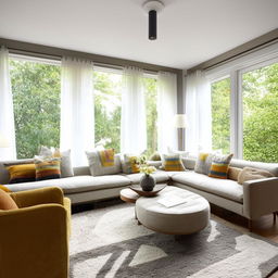 A well-furnished, bright, and cozy living room with modern design elements. Large windows allow plenty of natural light, illuminating the tasteful decor.