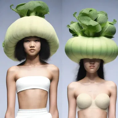 The designer showcased a collection of unique and unconventional turnip-shaped hats on the runway.