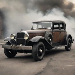 A typical Dieselpunk-style car, showcasing the nuances of the diesel-based interwar technology with a rugged design, grungy textures, exhaust pipes spewing smoke, and gothic iron elements