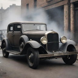 A typical Dieselpunk-style car, showcasing the nuances of the diesel-based interwar technology with a rugged design, grungy textures, exhaust pipes spewing smoke, and gothic iron elements