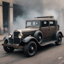 A typical Dieselpunk-style car, showcasing the nuances of the diesel-based interwar technology with a rugged design, grungy textures, exhaust pipes spewing smoke, and gothic iron elements