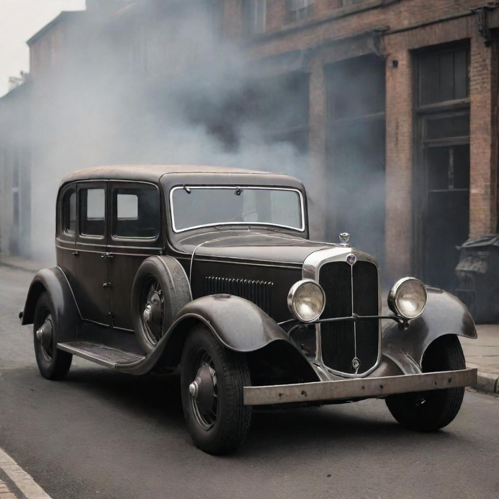 A typical Dieselpunk-style car, showcasing the nuances of the diesel-based interwar technology with a rugged design, grungy textures, exhaust pipes spewing smoke, and gothic iron elements