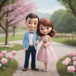 Create a picture of two endearing cartoon characters showcasing a charming couple in a romantic setting.