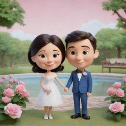 Create a picture of two endearing cartoon characters showcasing a charming couple in a romantic setting.