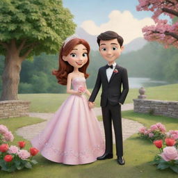 Create a picture of two endearing cartoon characters showcasing a charming couple in a romantic setting.