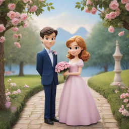 Create a picture of two endearing cartoon characters showcasing a charming couple in a romantic setting.