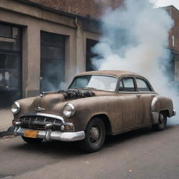 An average Gaspunk-style car, reflecting the aesthetics of gas-powered machinery, featuring rugged designs, exhaust pipes belching smoke, and a unique blend of industrial and vintage styles