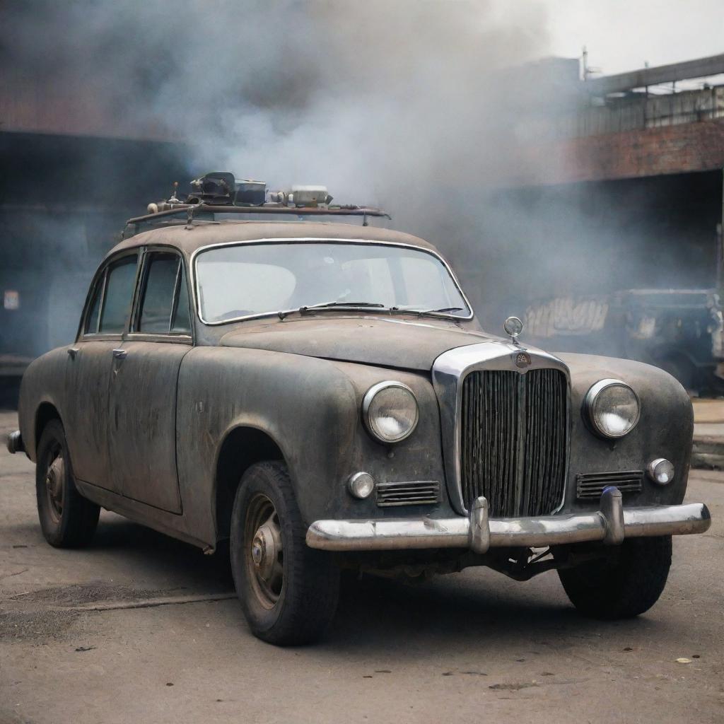 An average Gaspunk-style car, reflecting the aesthetics of gas-powered machinery, featuring rugged designs, exhaust pipes belching smoke, and a unique blend of industrial and vintage styles