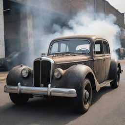 An average Gaspunk-style car, reflecting the aesthetics of gas-powered machinery, featuring rugged designs, exhaust pipes belching smoke, and a unique blend of industrial and vintage styles