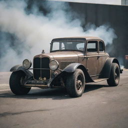 An average Gaspunk-style car, reflecting the aesthetics of gas-powered machinery, featuring rugged designs, exhaust pipes belching smoke, and a unique blend of industrial and vintage styles