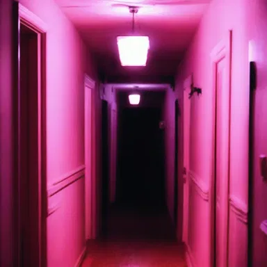 The haunted house had eerie mauve-pink lights illuminating the hallway.