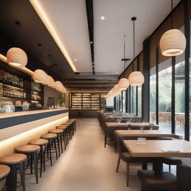 The architect used a combination of natural light sources and artificial light sources to create a warm and inviting atmosphere in the restaurant.