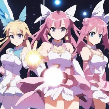 The magical girl anime series features characters with the ability to summon light sources from their hands, using them as weapons against evil forces.