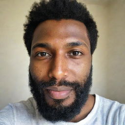 A 26-year-old man with brown skin and a beard taking a selfie.