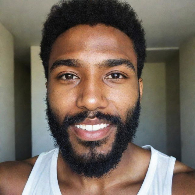 A 26-year-old man with brown skin and a beard taking a selfie.