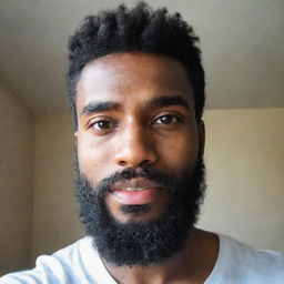 A 26-year-old man with brown skin and a beard taking a selfie.