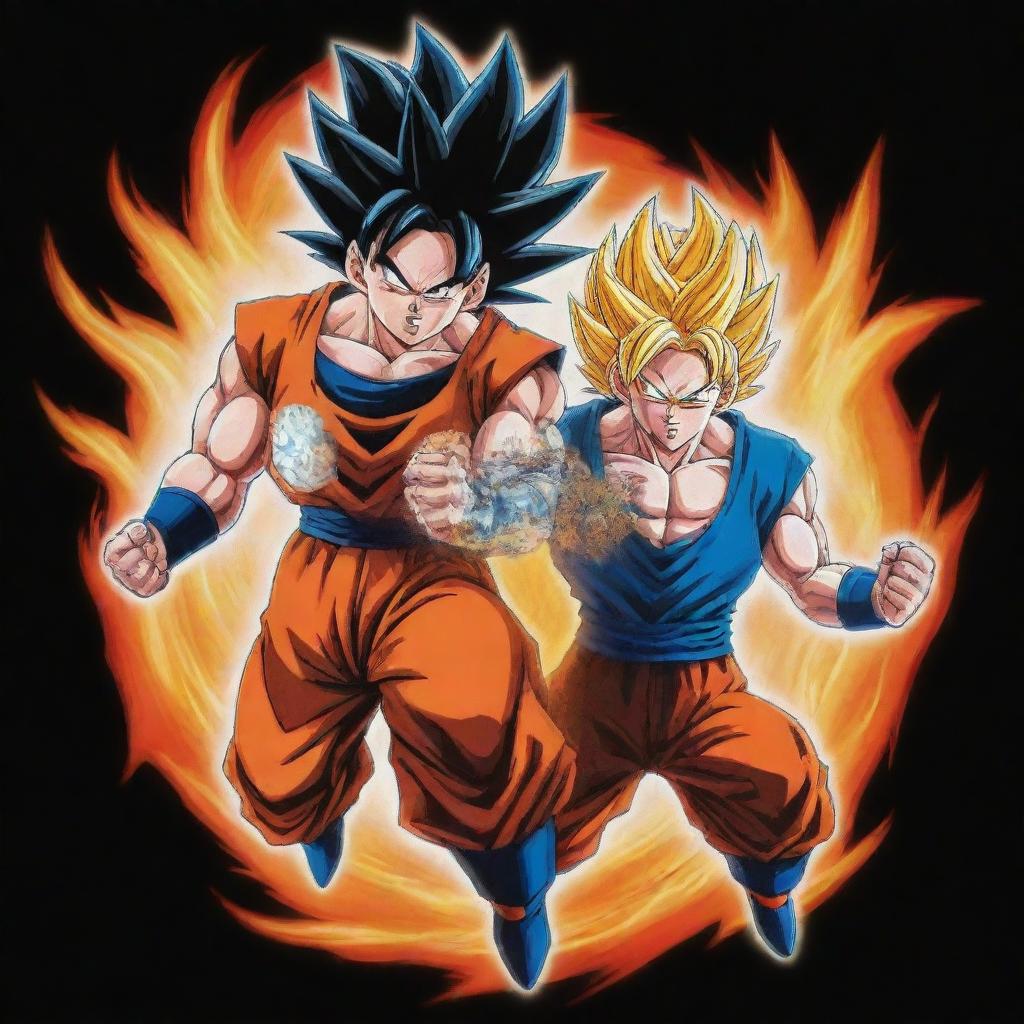 A powerful and dynamic logo featuring Goku and Vegeta from Dragon Ball, both generating a radiant Ki energy. Their legendary rivalry and camaraderie should be represented in energetic and vibrant colors.