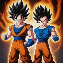 A powerful and dynamic logo featuring Goku and Vegeta from Dragon Ball, both generating a radiant Ki energy. Their legendary rivalry and camaraderie should be represented in energetic and vibrant colors.